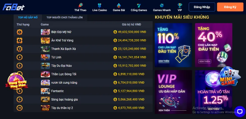 Giao diện nền tảng 9win với các trò chơi cá cược trực tuyến